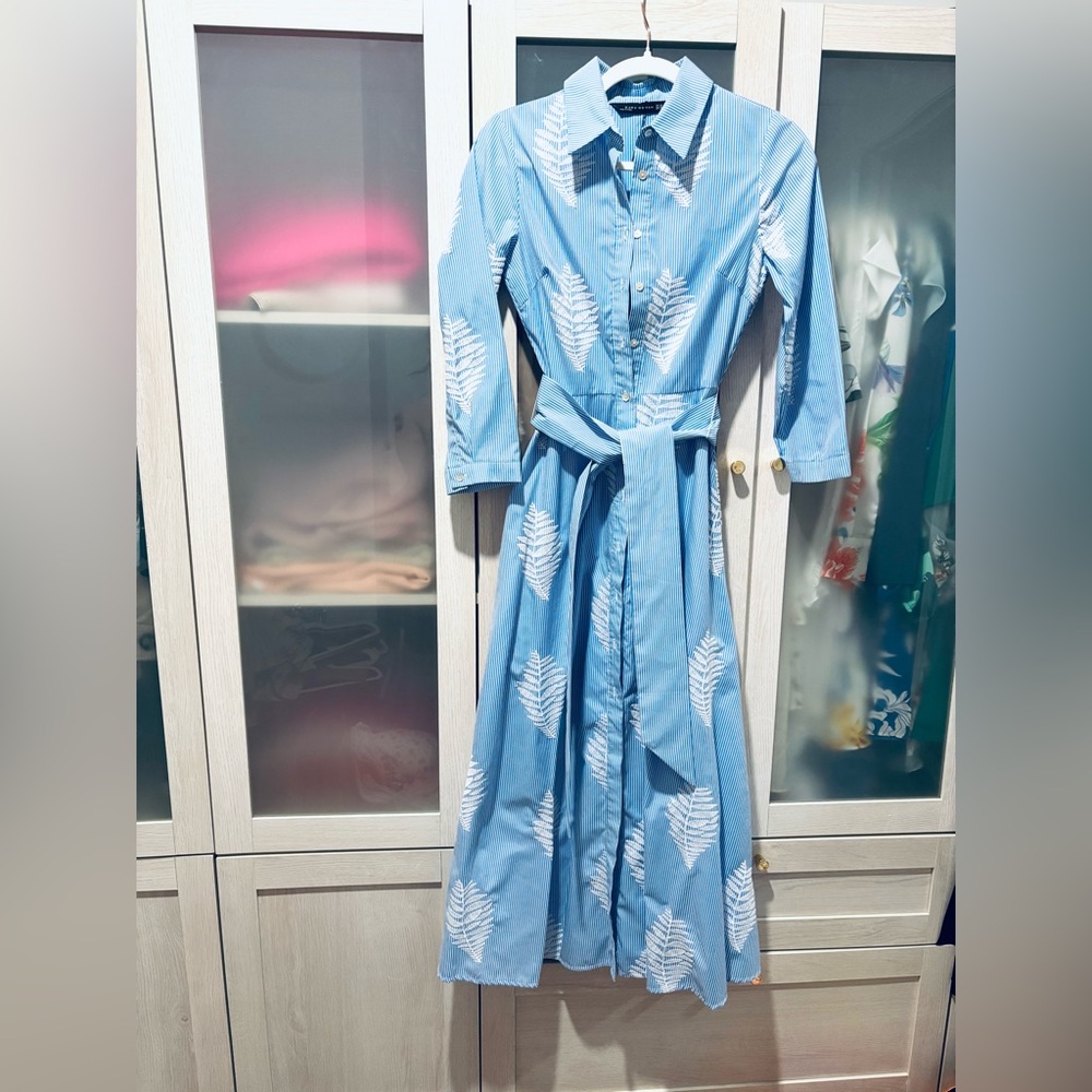 Zara Blue and White Leaf Pattern Maxi Dress